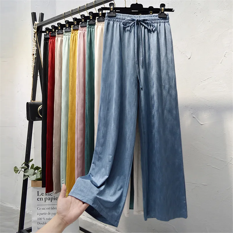Новые корейские модные женские брюки лето осень ледяной шелк атлас широкие