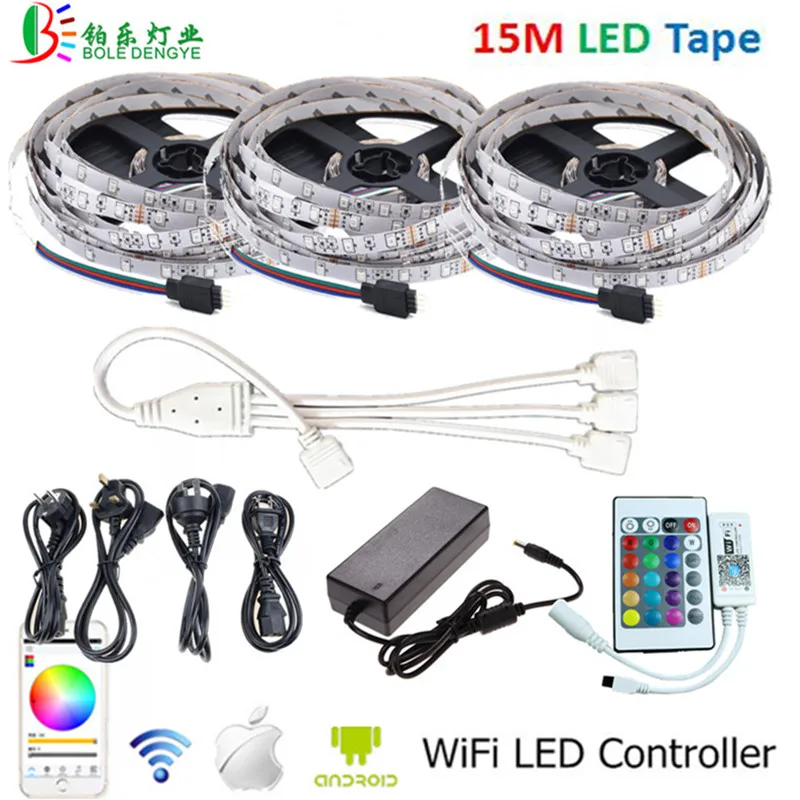 5, 10 м, 15 м, 20 м 12 V гибкий светодиодный полосы света 60 Светодиодный s/М SMD 2835 RGB Светодиодные ленты+ Wi-Fi светодиодный контроллер+ EU UK адаптер штекер для дома