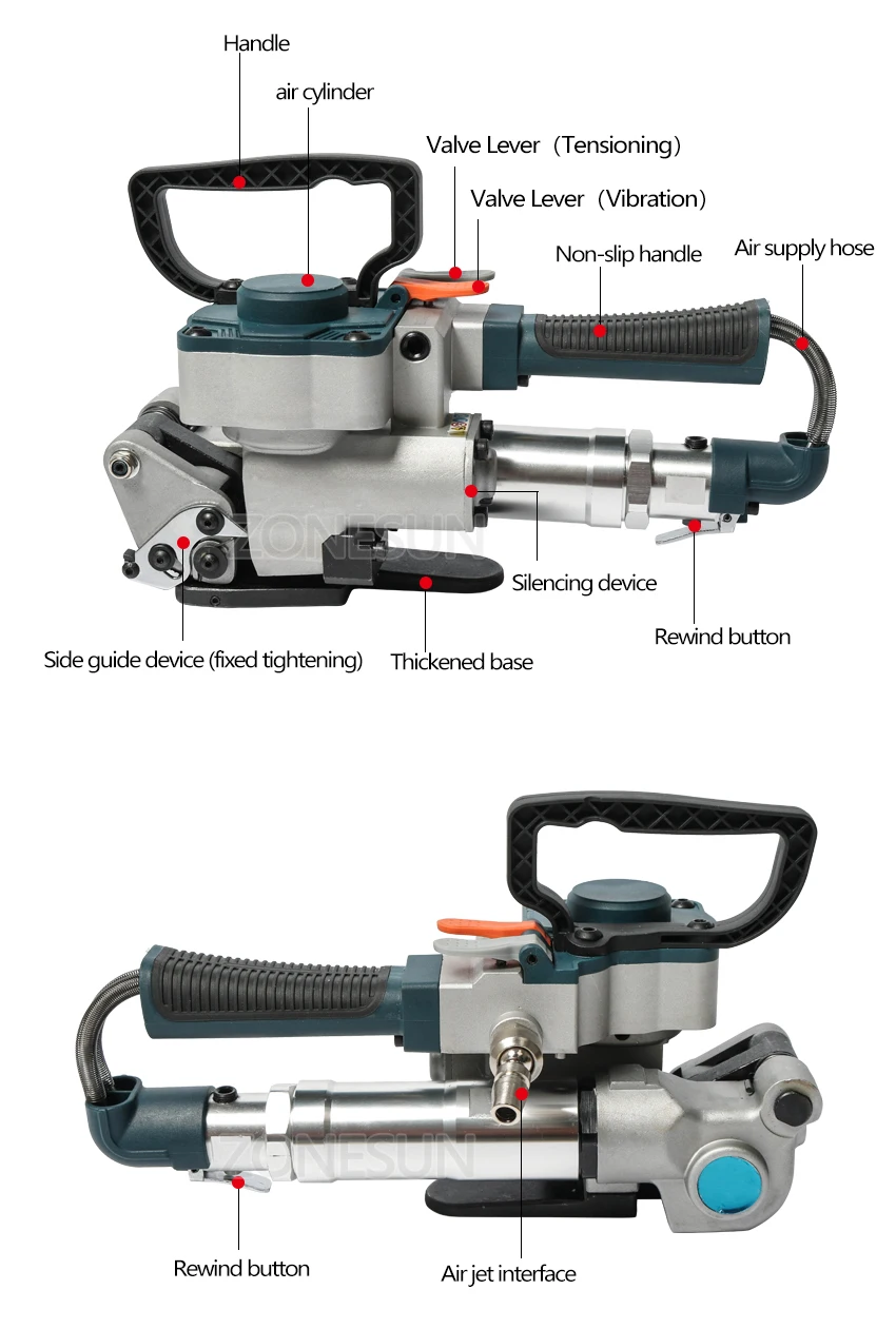 ZONESUN Pneumatic Friction Welding Baler Strapping Machine Air PET Banding Machine Tool For 13-19mm Width PET Straps