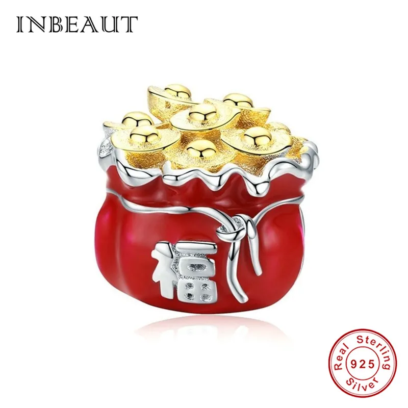 INBEAUT 925 пробы Серебряный Красный Китайский Персонаж Бог Лев Бусы для танца fit Pandora браслет роза Сердце Бабочка Подвески