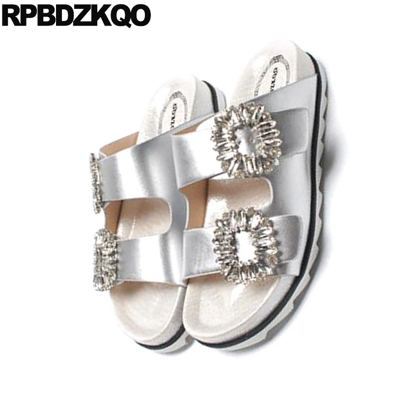 Sandals Slipper Jewel Diamond Rhinestone Slides Famous Brand Flat Crystal Burgundy Satin Designer Shoes Women Luxury 2021 Silver | Обувь