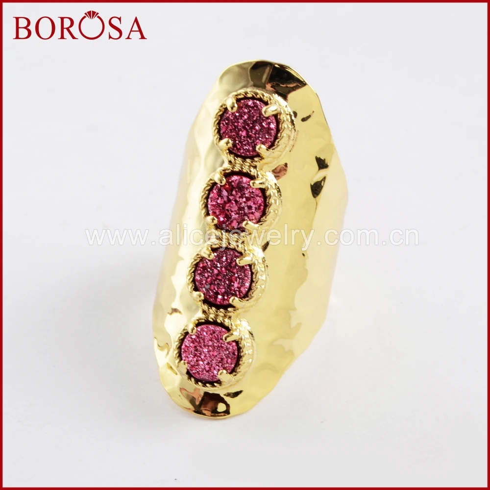 

BOROSA 4pcs Gold Color Round Four Titanium Aqua Rainbow Druzy Band Ring Gems Stone Rings Special Gifts for Women ZG0351