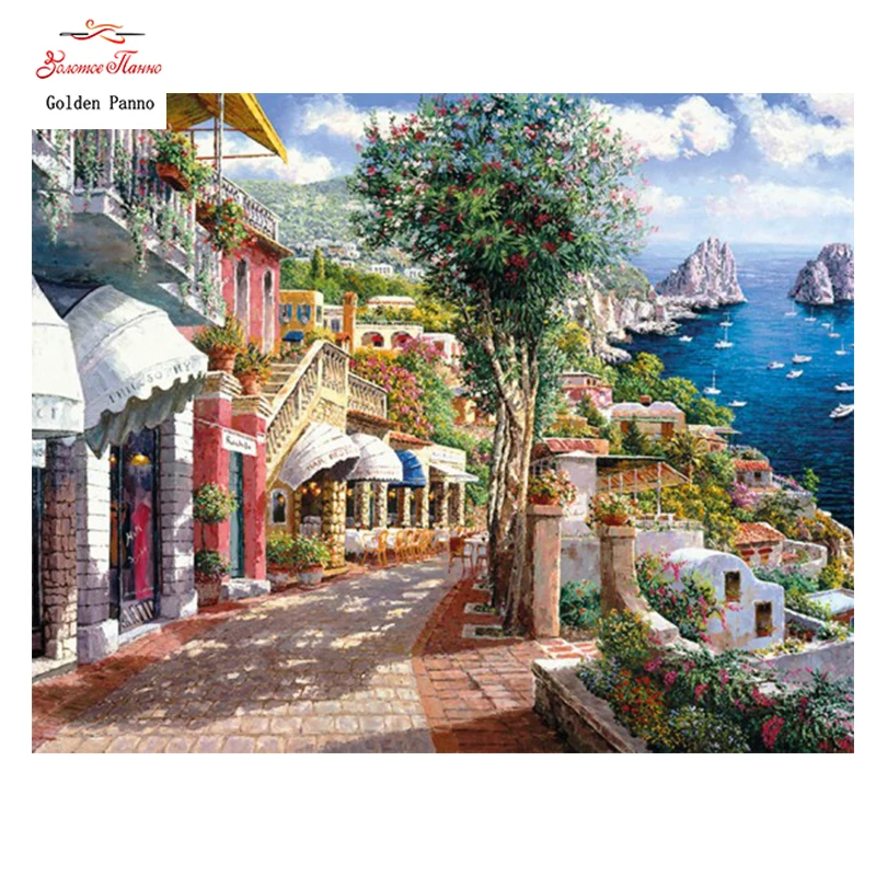 

Gold Panno,Needlework,Embroidery,DIY DMC Painting Cross Stitch,14ct seaside town Cross Stitch,Sets For Embroidery,Wall dec