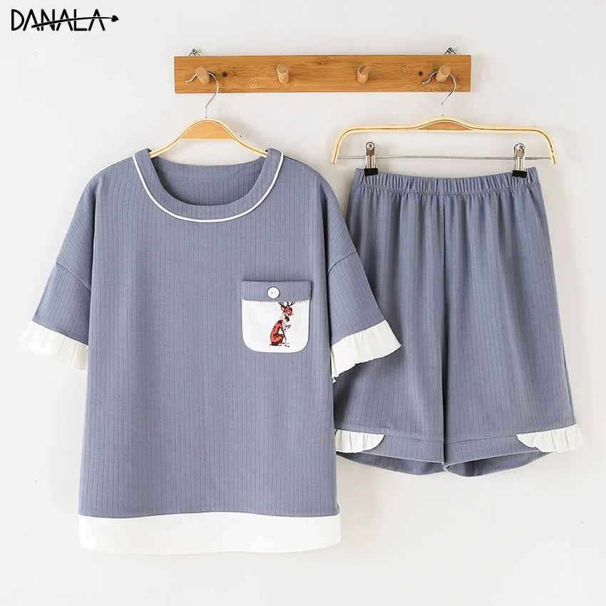 DANALA/Хлопковые повседневные женские пижамные комплекты летние однотонные