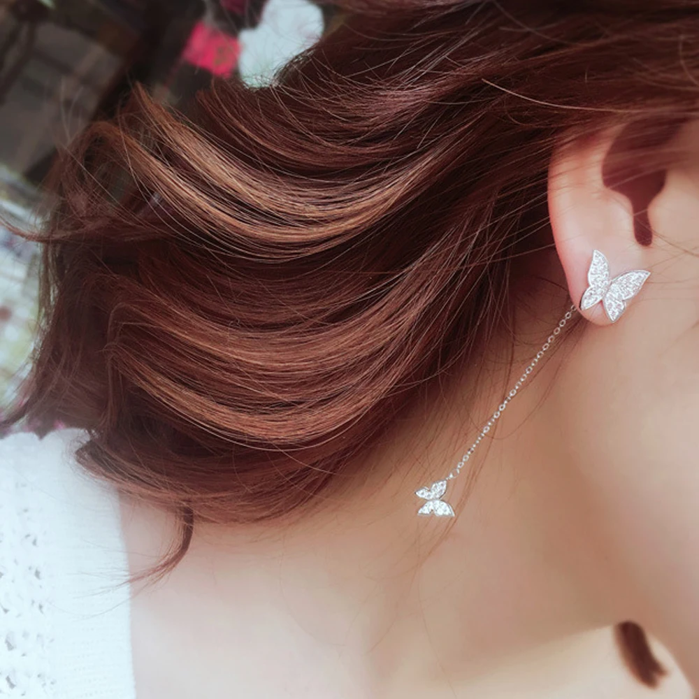 Женские длинные серьги гвоздики с фианитом серебряного цвета|butterfly stud earrings|stud