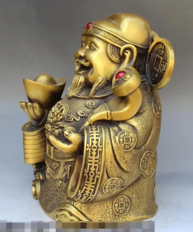 S4819 11&quot Chinese Bronze Stand Dragon Mammon God Wealth Money Yuanbao Ru Yi Statue | Дом и сад