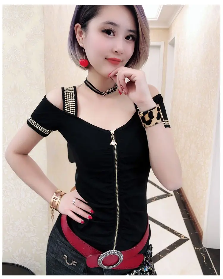 Black tshirt Сексуальная футболка с застежкой-молнией, с открытыми плечами, с бриллиантами, весна-лето, женский топ с вырезом лодочкой и коротким рукавом, одежда T93702 - Цвет: Black tshirt
