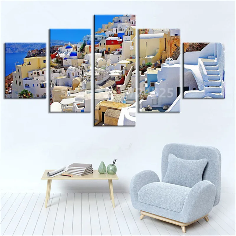 

CLSTROSE Canvas Combined Unframed 5 Panel Modern Painting Home Decorative Art Picture Greece Island For Living Room