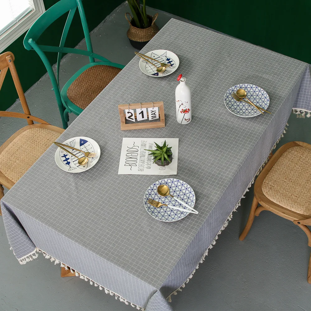 European Hot Gray Small Plaid Tablecloth Country Style Polyester Cotton Tassel Dinner Table Cloth Mat Cover | Дом и сад