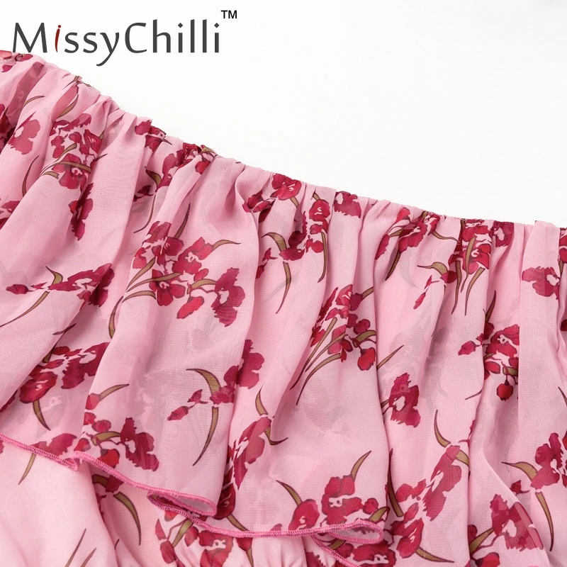 Женское мини платье с оборками MissyChilli розовое в стиле бохо цветочным принтом и