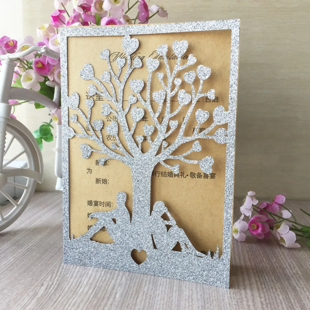 

50pcs New Laser Cut Chic Romantic Tree Invitation Silver Gold Glitter Card craft folded wedding party birthday invitation card