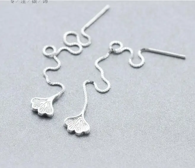 Real. 925 STERLING SILVER Ear Pull Through ginkgo Leaf Threader Earrings Piercing Long Box Chain C-E1639 | Украшения и аксессуары