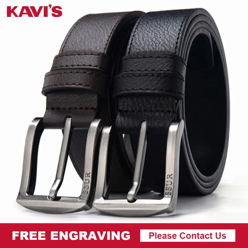 Мужской ремень KAVIS из натуральной коровьей кожи с гравировкой и пряжкой |