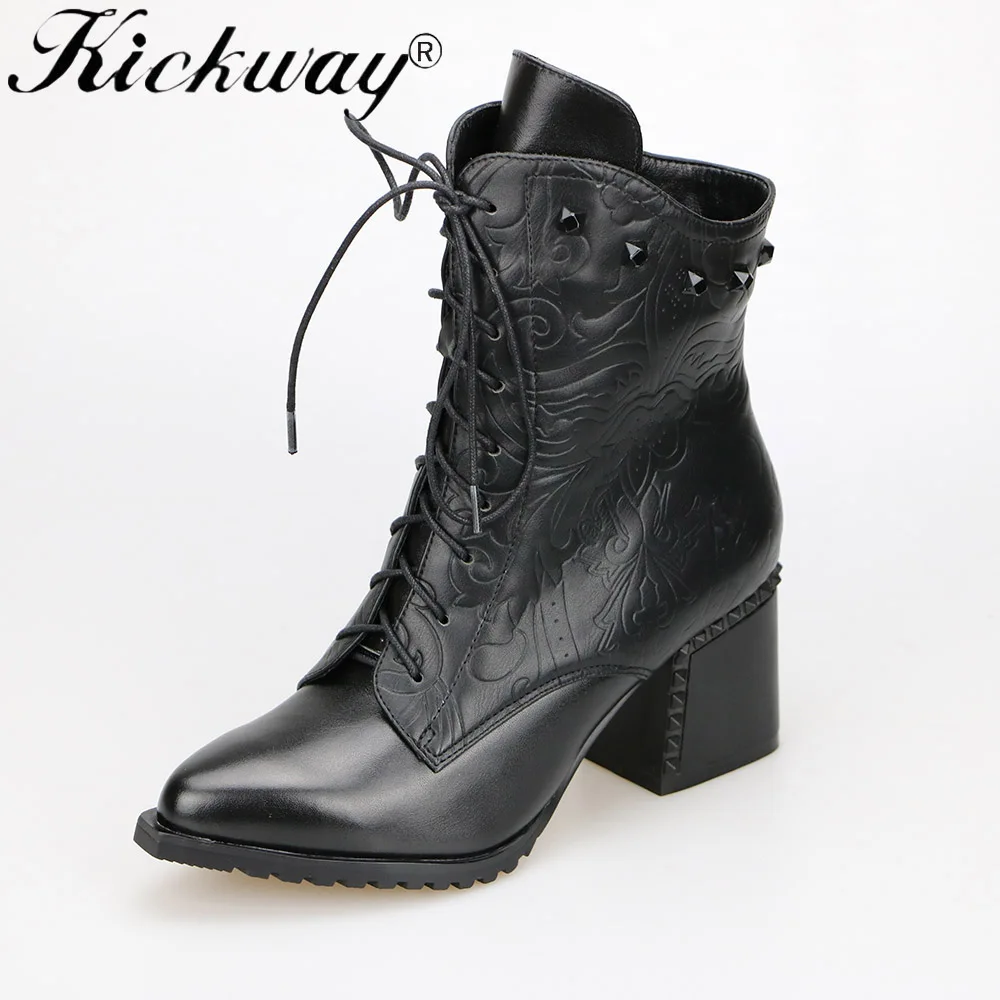 Black Kickway/женские ботильоны; женские ботинки; большие размеры 34-43; botas mujer invierno; коллекция года; на шнуровке; с острым носком; из натуральной кожи; на среднем каблуке - Цвет: Black
