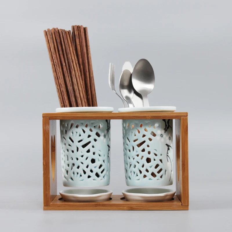Japanese-style Hollow Ceramic Art Chopsticks Storage Holder Home Tableware Accessories Spoon Fork Knife Cylinder with Wood Shelf | Дом и сад