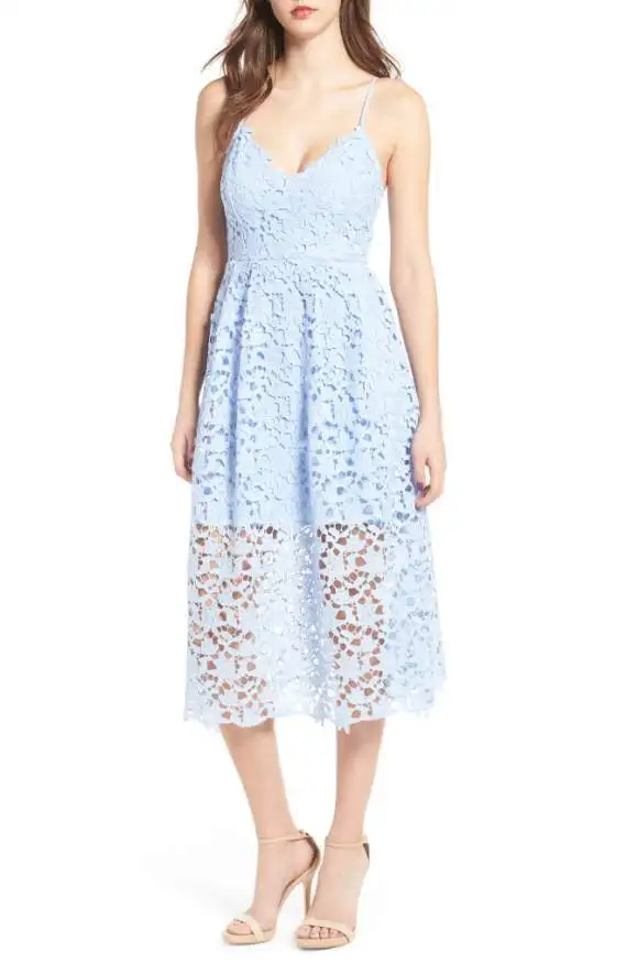 New summer For women lace dress in a flower to the middle of caviar sleeveless blue Boho beach | Женская одежда