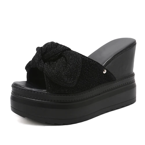 black shoes Gdgydh/черные однотонные летние туфли; босоножки на танкетке; женская модная повседневная обувь с бантом-бабочкой; удобная резиновая подошва - Цвет: black shoes