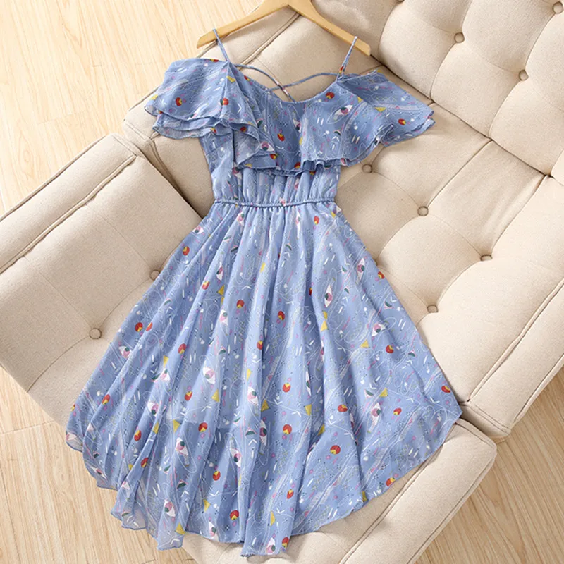 Летнее платье 2019 женское элегантное гофрированное белое с принтом спагетти