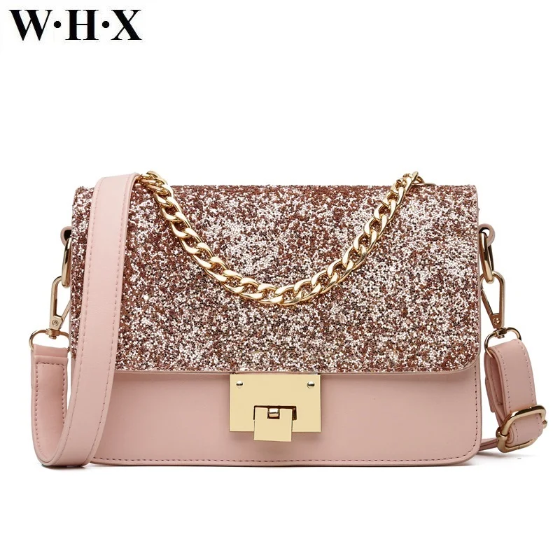 WHX цепь сумка Для женщин розовый Сумки Креста тела для Сумка Crossbody Сумочка блестят