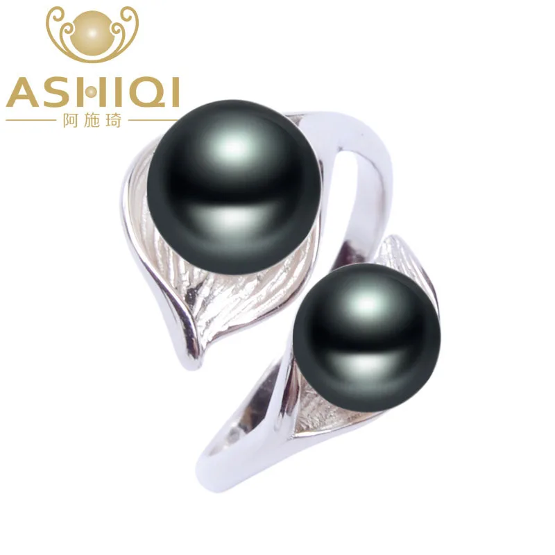 BLACK ASHIQI натуральный пресноводный кольцо с двумя жемчужинами для женщин 925 пробы серебряные ювелирные изделия подарок - Цвет камня: BLACK
