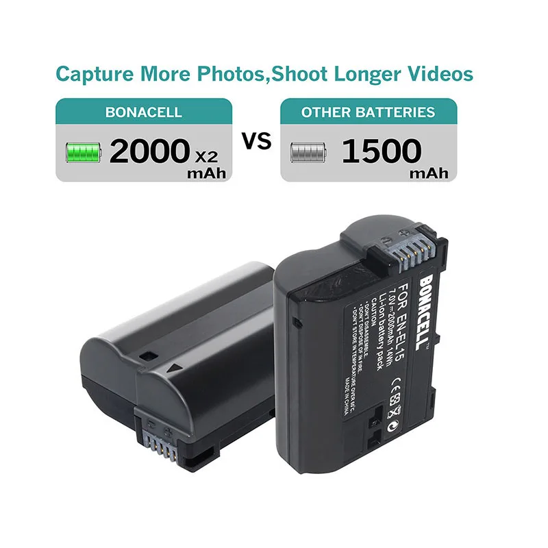 

bonacell EN-EL15 EN EL15 2000mAh 7.0V Battery + Charger for Nikon DSLR D600 D610 D800 D800E D810 D7000 D7100 D7200 V1 L30
