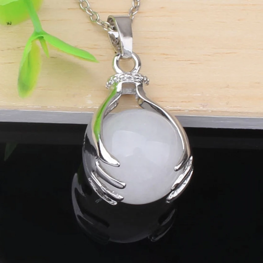 

100-Unique 1 Pcs Silver Plated White Jades Quartz Stone Round Beads Hand Shape Pendant For Necklace Jewelry