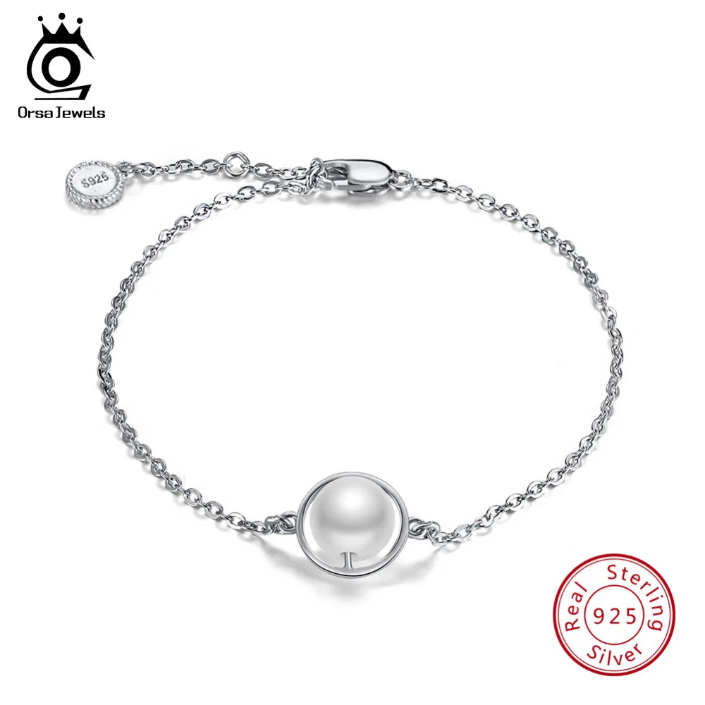 ORSA JEWELS, модные 925 пробы серебряные женские браслеты, имитация жемчуга, застежка-молния, браслет-цепочка, Женские Ювелирные изделия, SB21-Z