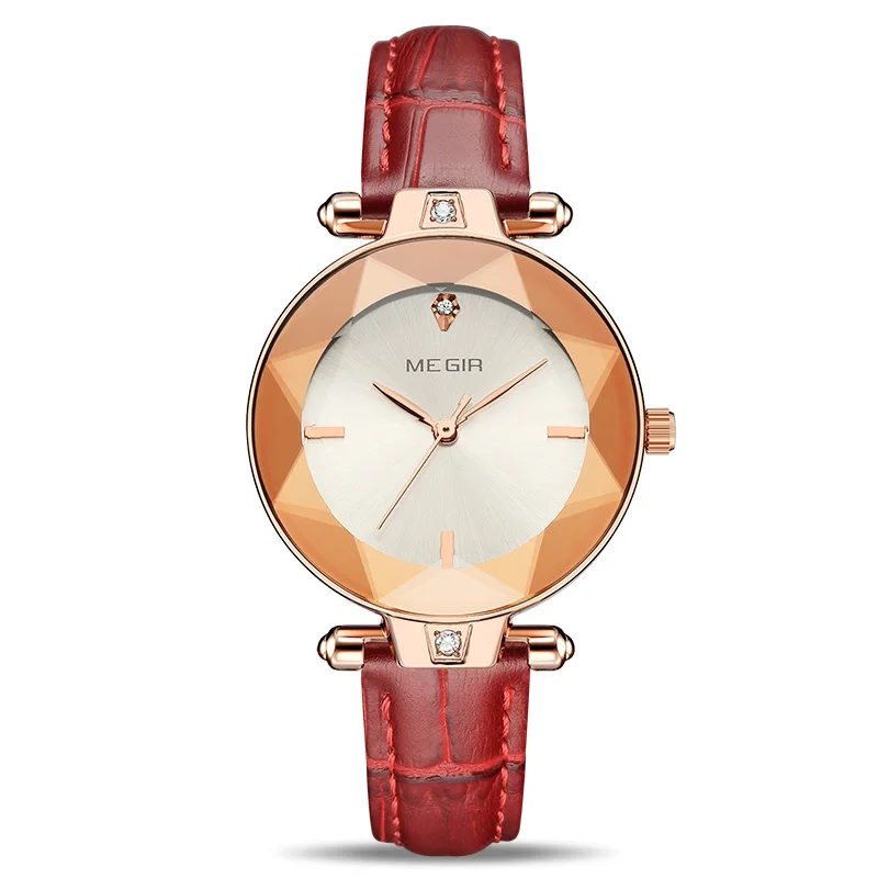 Red leather MEGIR роскошные женские часы Reloj Mujer синие сетчатые часы из нержавеющей стали элегантные женские часы-браслет женские часы - Цвет: Red leather