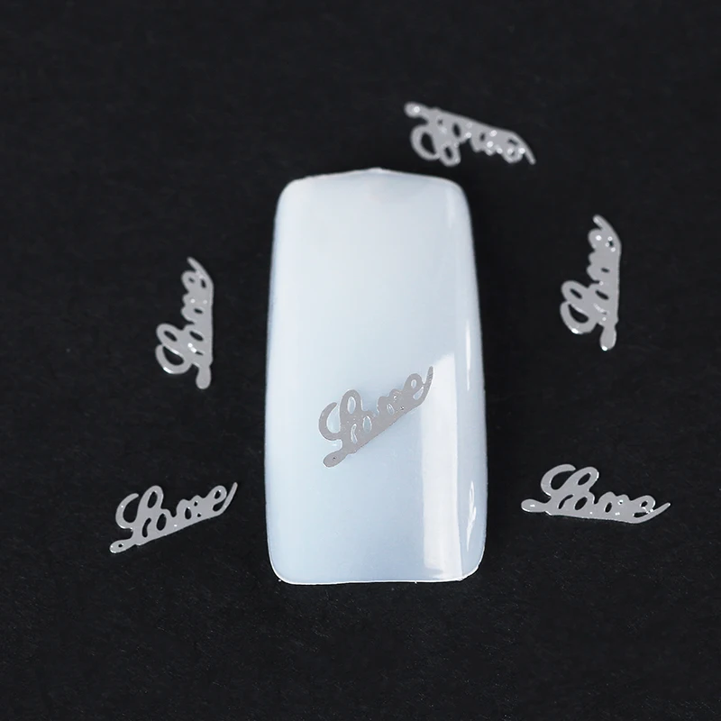 

100Pcs/Lot Silver Love Logo Slices Nail Bling Rhinestone Cute 3D Alloy Nail Art Decorations Charm Nail Accessories Nail Tools