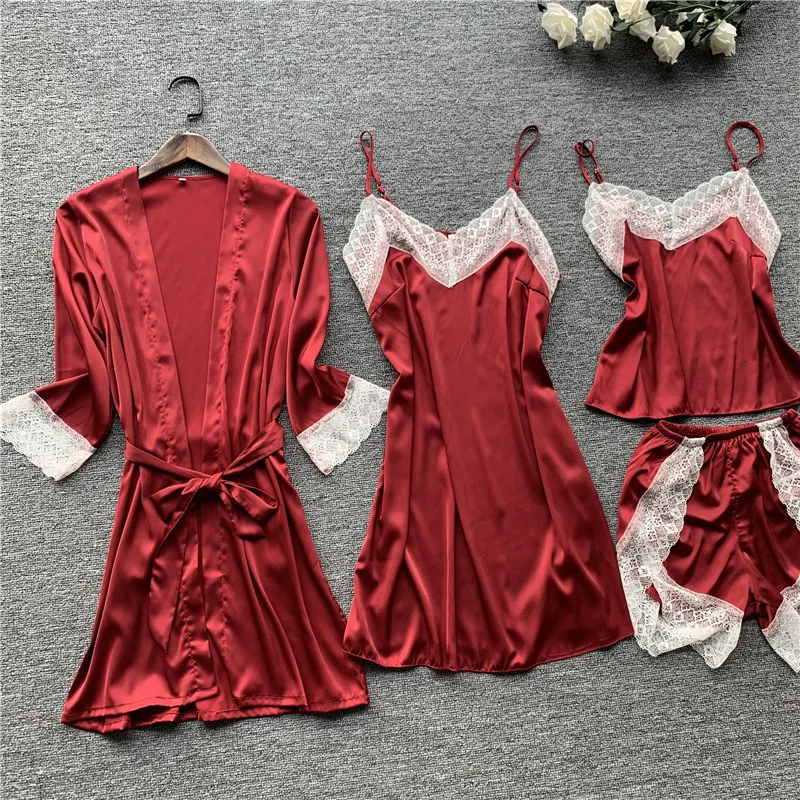 Женские пижамные комплекты, 4 штуки, атласная пижама, шелковая ночная Пижама, на тонких бретелях, кружевная Пижама для сна, для отдыха, пижама с подушками на груди