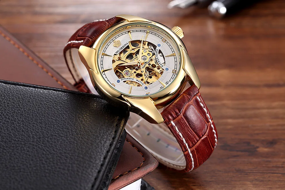 Мг. ORKINA Мужские часы от топ бренда класса люкс Золотой чехол скелет наручные с