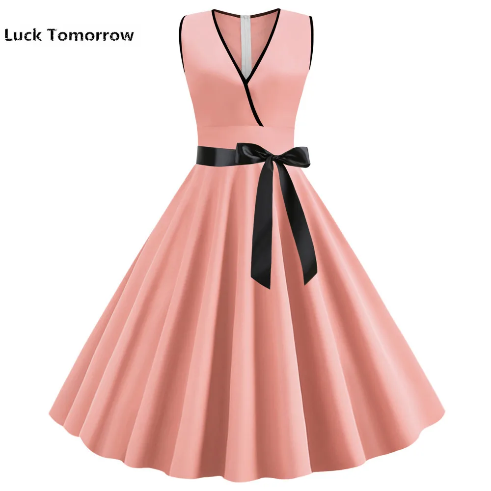 Женское винтажное платье без рукавов с глубоким v образным вырезом Элегантное