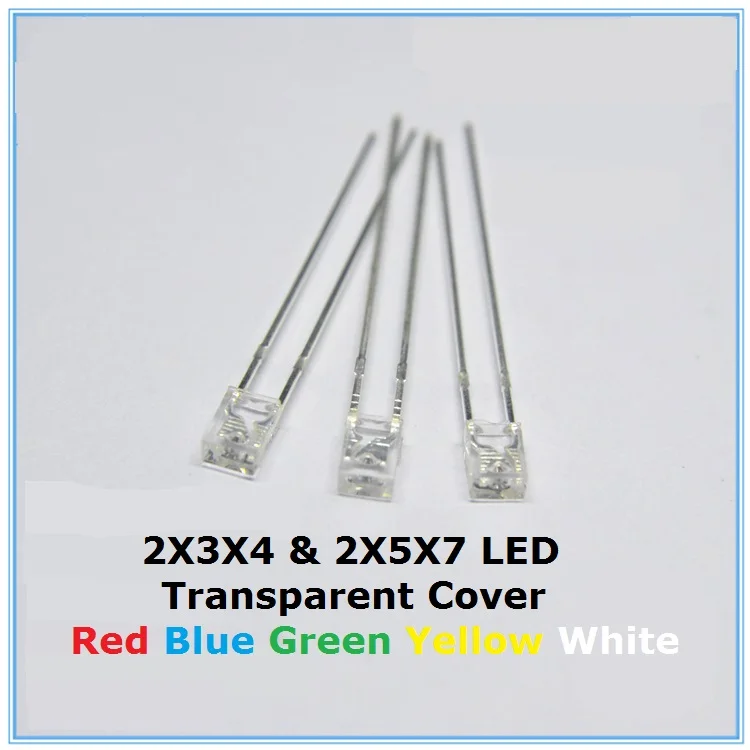 

100PCS Square Transparent Cover LED 2*3*4 2*5*7 Green Blue Red Yellow high bright White bead light emitting diode 2x3x4 2x5x7