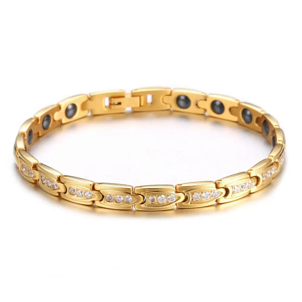 Gold Color Bracelet Shiny crystal Stainless Steel Fashion Health Jewelry Magnetic Hologram Charm Chain &amp Link Bangle | Украшения и