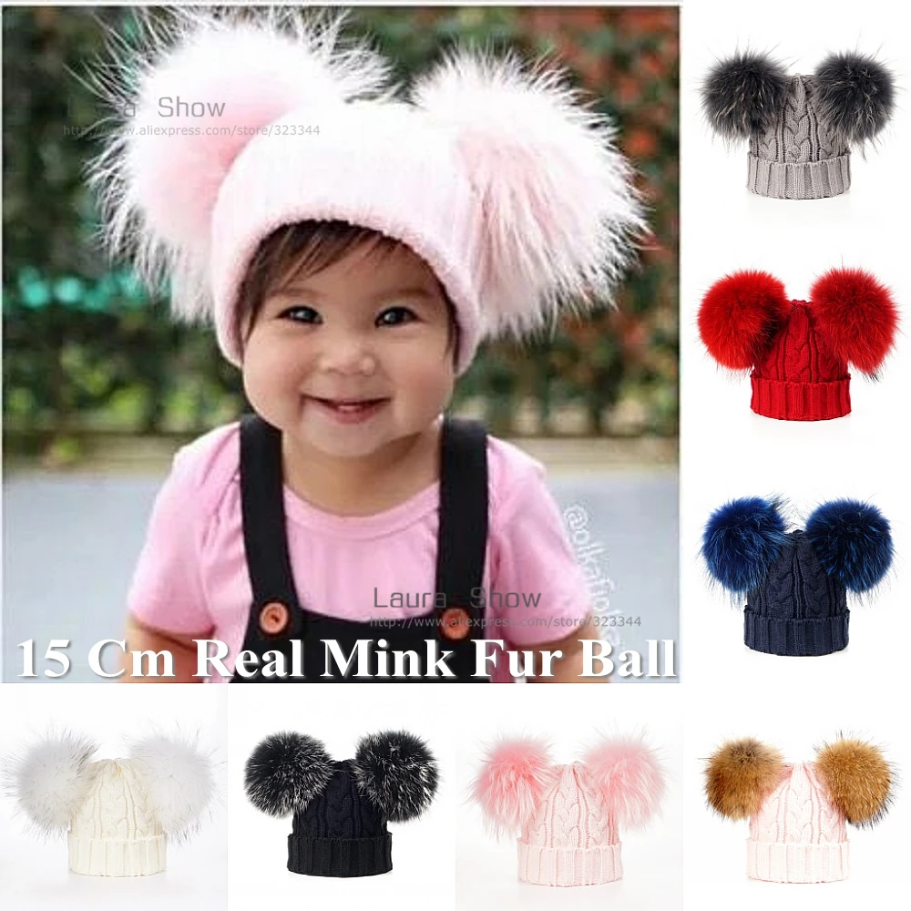

LAURASHOW Baby Winter Real Mink Fur Ball Beanie Knit Hat Kids Warm Raccoon Fur Pom Poms Skullies Beanies Wool Cap