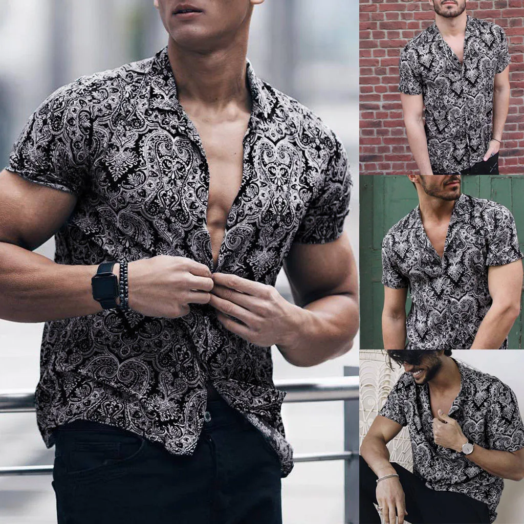 Feitong Men Shirt Multi Color Lump Chest Pocket Short Sleeve Round Hem Loose Shirts Camisas masculina Black shirt