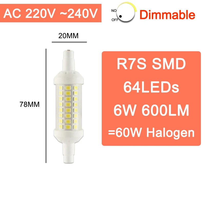 SMD 78mm 220V Dim R7S затемнения светодиодные лампы COB светодиодный Стекло трубки с регулируемой яркостью Светодиодная лампа 78 мм 6 Вт 118 мм 15 Вт заменить галогенные лампы 50 Вт 100 Вт Светодиодный прожектор светильник диод Точечный светильник AC110V 220V - Испускаемый цвет: SMD 78mm 220V Dim