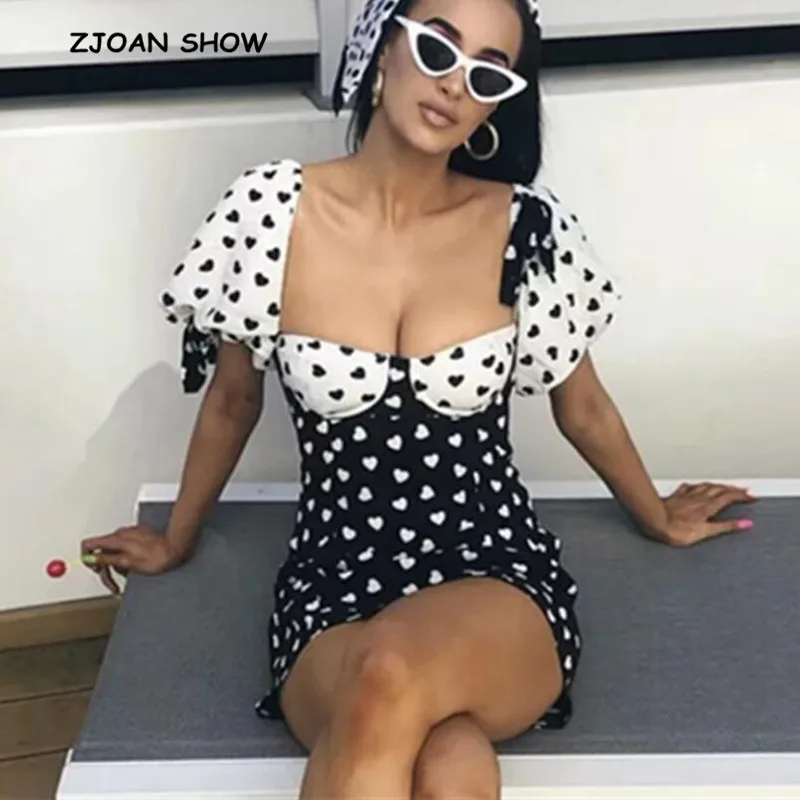 Новинка 2019 ретро мини платье контрастного цвета с черно-белым сердцем