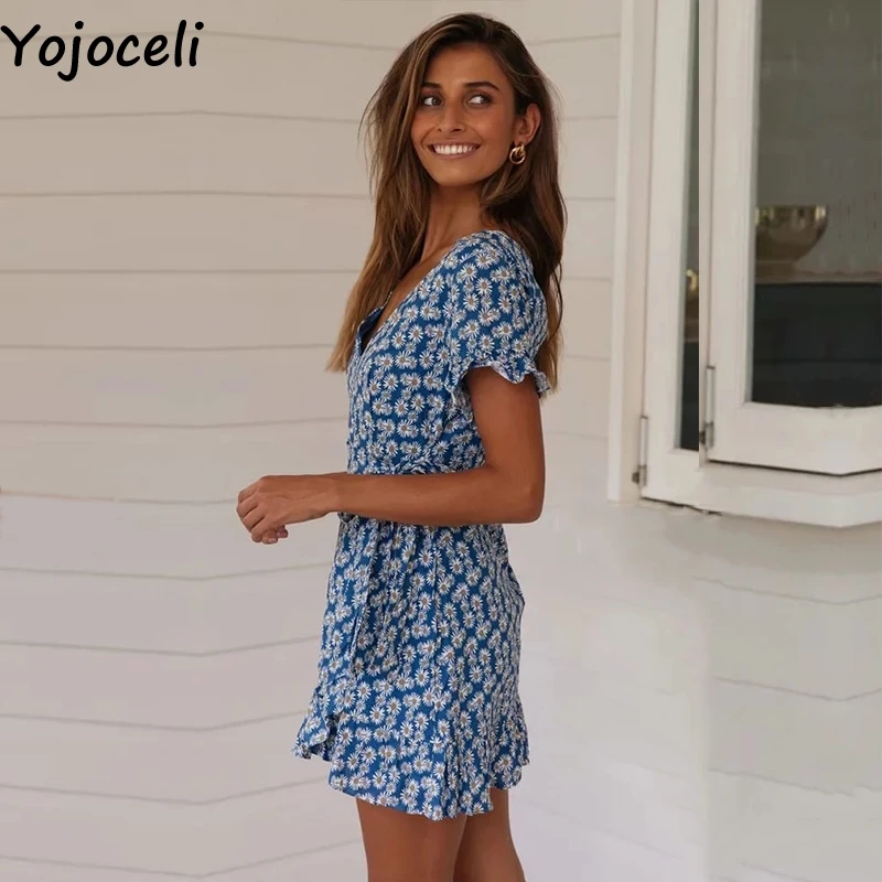 Женское Короткое платье Yojoceli элегантное пляжное с цветочным принтом и оборками