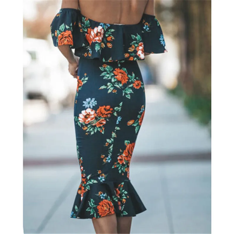 Frauen Schulterfrei Цветочные Bedruckte Sommerkleid Neue Damen ruschen Krause Bodycon Minikleid Abend вечерние Kleider Vestidos |