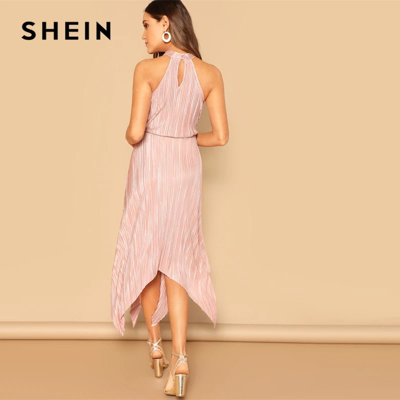 SHEIN Асимметричное Платье-Халтер Со Складками Женские Элегантные Платья С Воротником-стойкой Без Рукавов