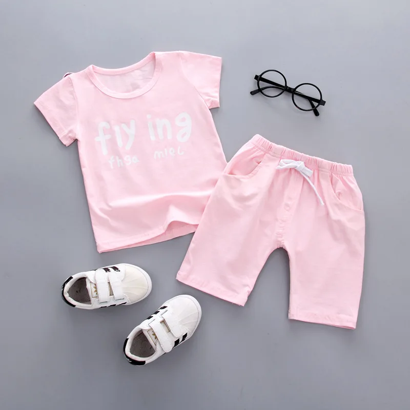 

New Summer Children's Short Sleeved T Shirt +short Pants Boys and Girls Pure Cotton Suit Male Baby T Shirt Two Suit 0-4 Ages