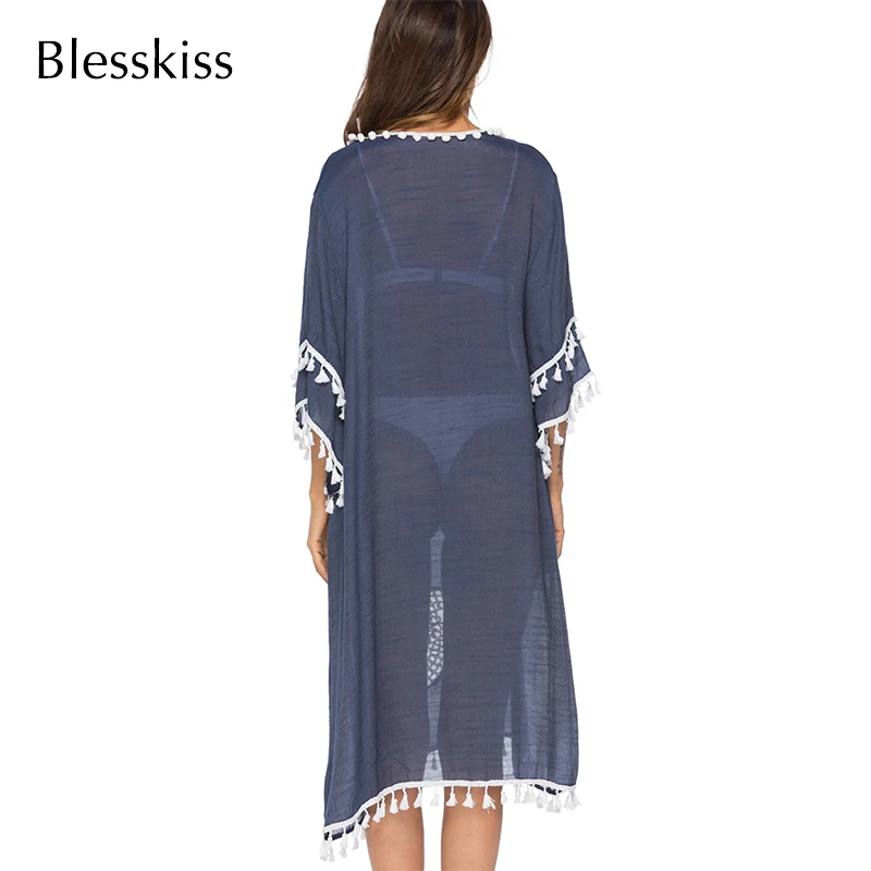 Blesskiss, вязаный крючком кафтан, Пляжная накидка для женщин, летняя синяя туника, бикини, купальник, купальный костюм, накидка, кружевная пляжная одежда, пляжная одежда