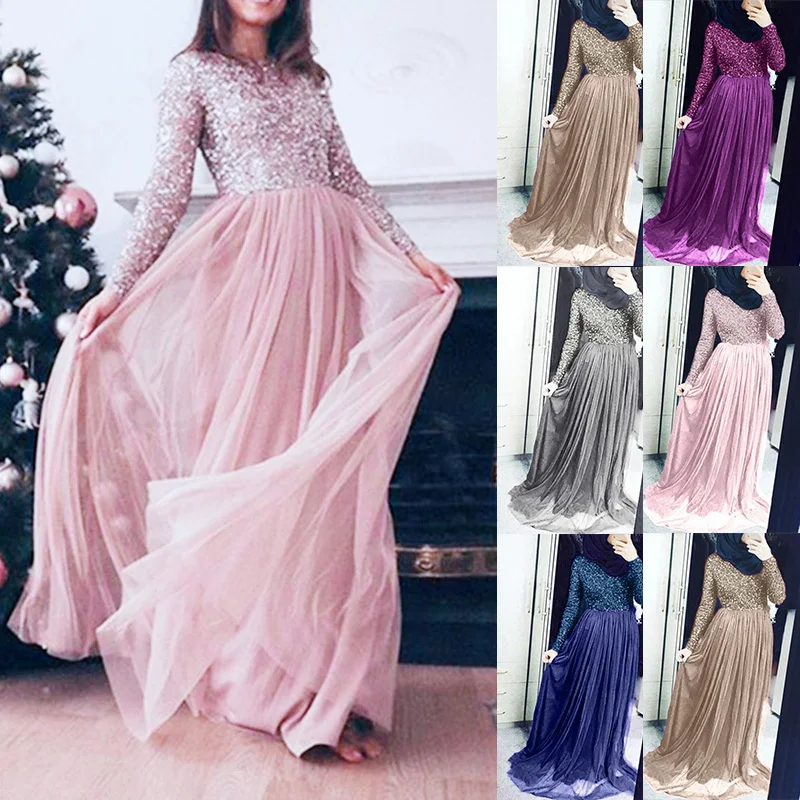 Модное мусульманское женское платье с длинным рукавом из тюля элегантные