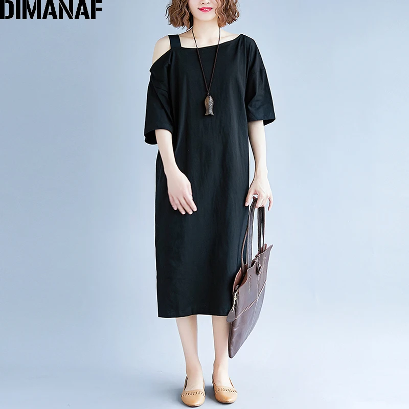 Женское длинное платье из хлопка DIMANAF однотонное черное с открытыми