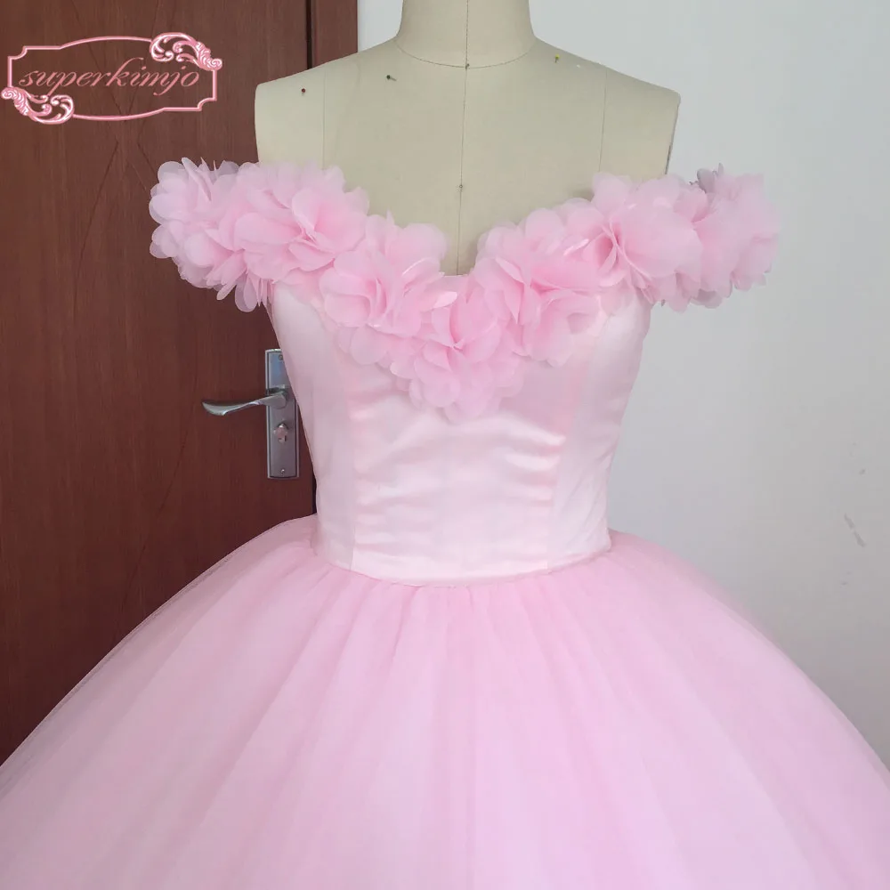 2020 Actual Image Evening Dresses V Neck Hand Made Flowers 3D Ball Gown Tulle Pink Prom Dresses Real Picture