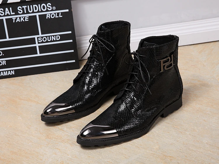

Com Leather Free ShippingMale men's boots 2018 fashion pointed toe rivet personality male boots fashion boots male boots gaotong