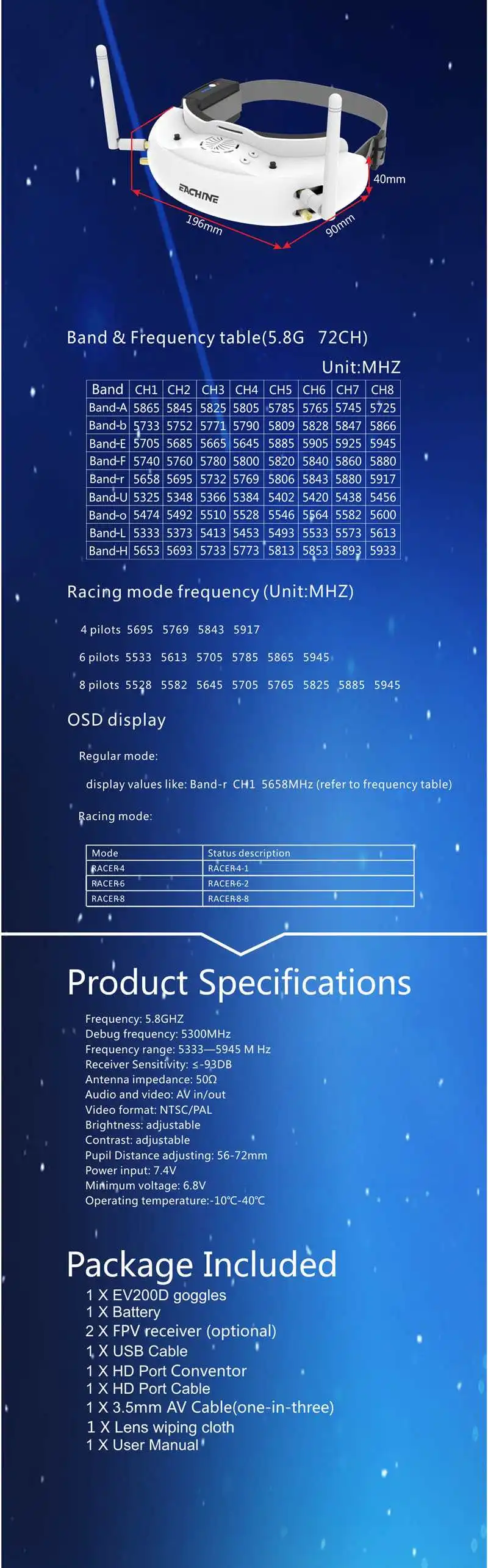 Eachine EV200D 1280*720 5,8G 72CH истинное разнообразие FPV очки HD порт в 2D/3D встроенный DVR FPV гоночный Дрон запчасти Асса