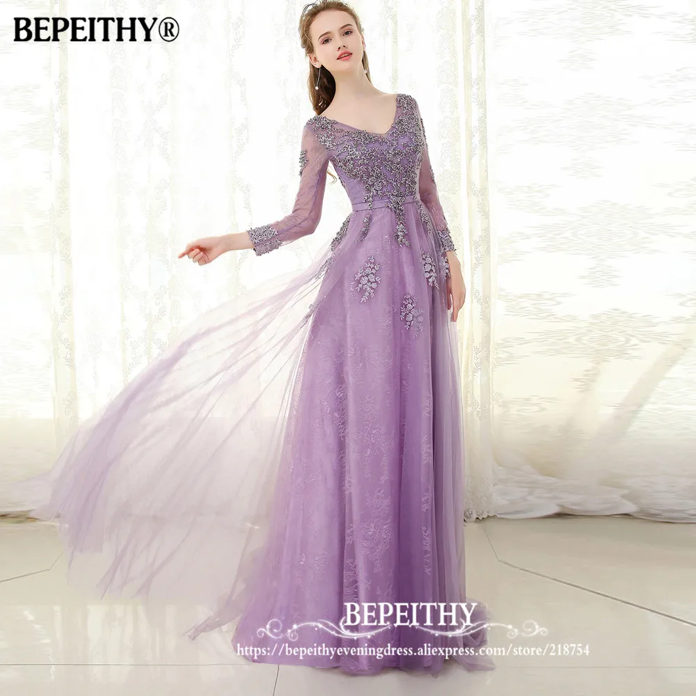 BEPEITHY фиолетовое длинное вечернее платье с длинными рукавами vestido de festa кружевное винтажное элегантное выпускное платье с v-образным вырезом