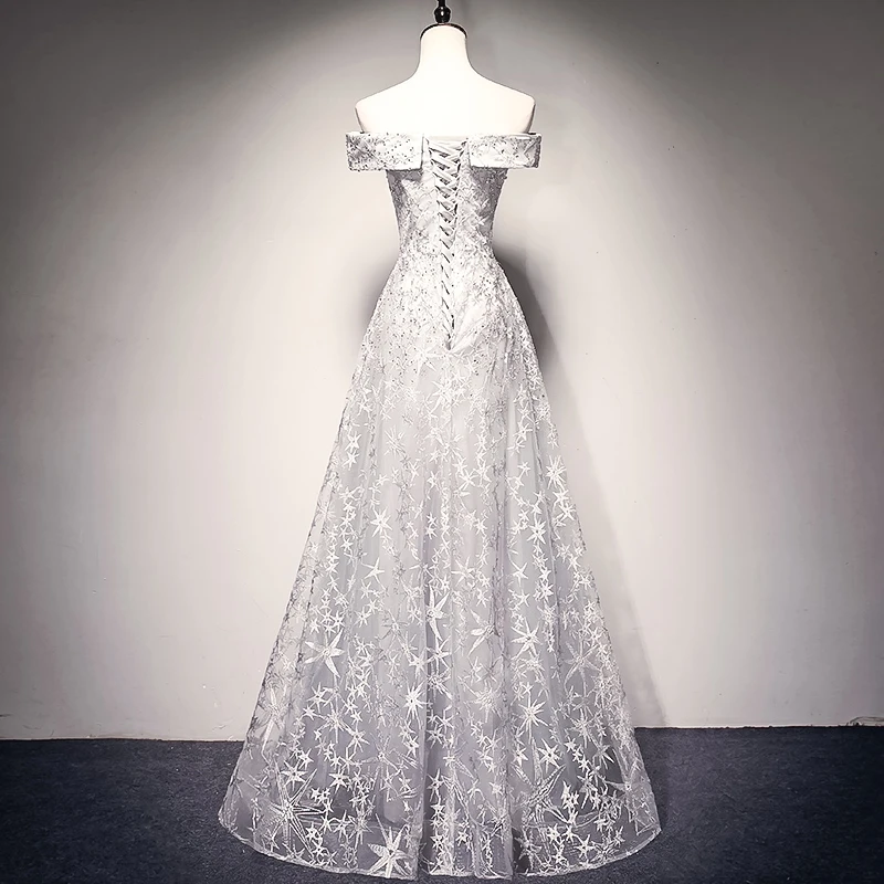 JANCEMBER Grey Star Lace Evening Dress Long Off The Shoulder Floor Length Up Back Elegant Formal robe de soiree | Свадьбы и
